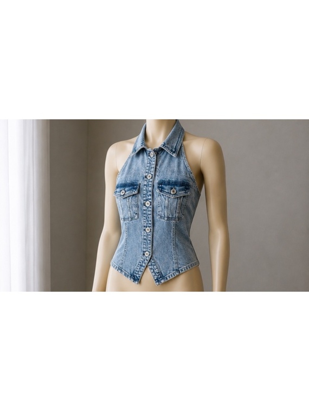 American Eagle Women’s L Denim Halter Vest Acid Wash Button Front